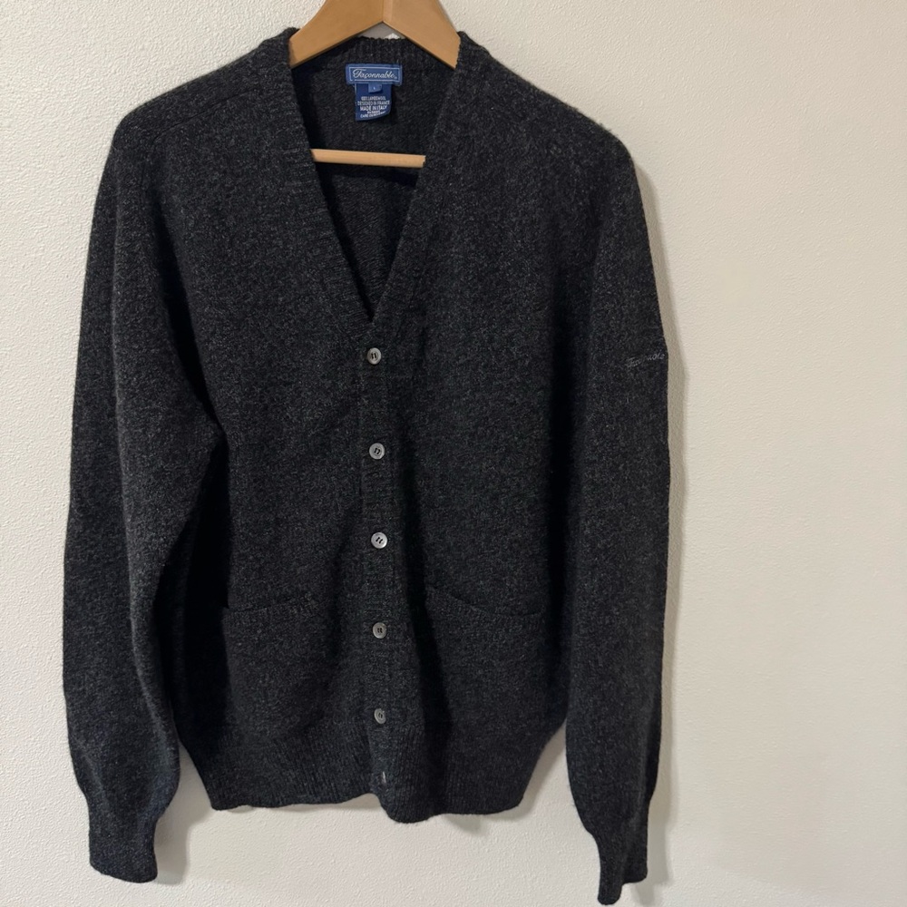 Faconnable Lambswool Button Cardigan Charcoal Gray Academia Preppy Italy Made-L